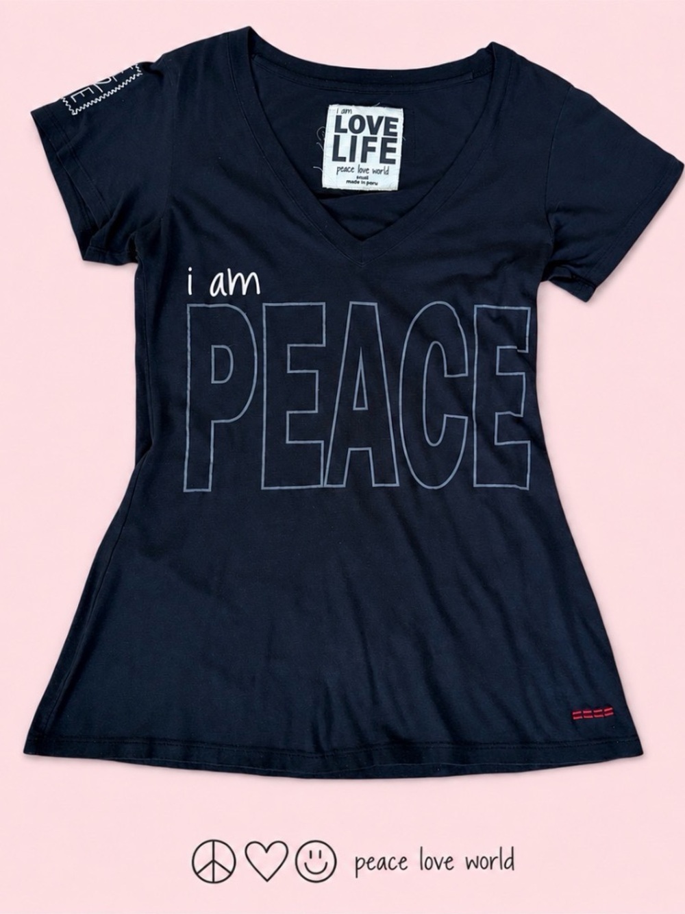 Y2K Peace Love World Fitted Tee Womens S Black Graphic V Neck I AM PEACE Top